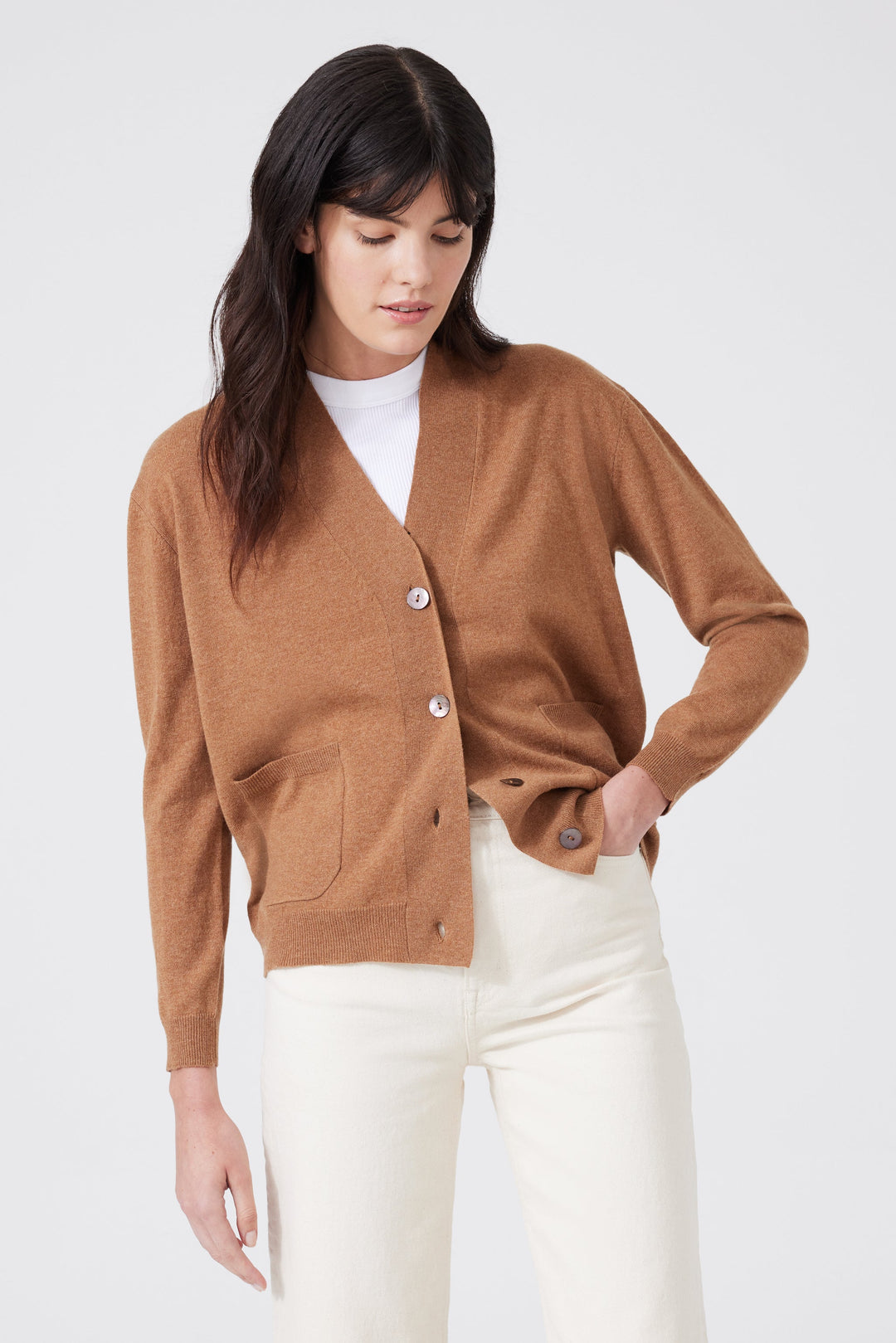 Women's Cropped Cashmere Cardigan Oatmeal Brown