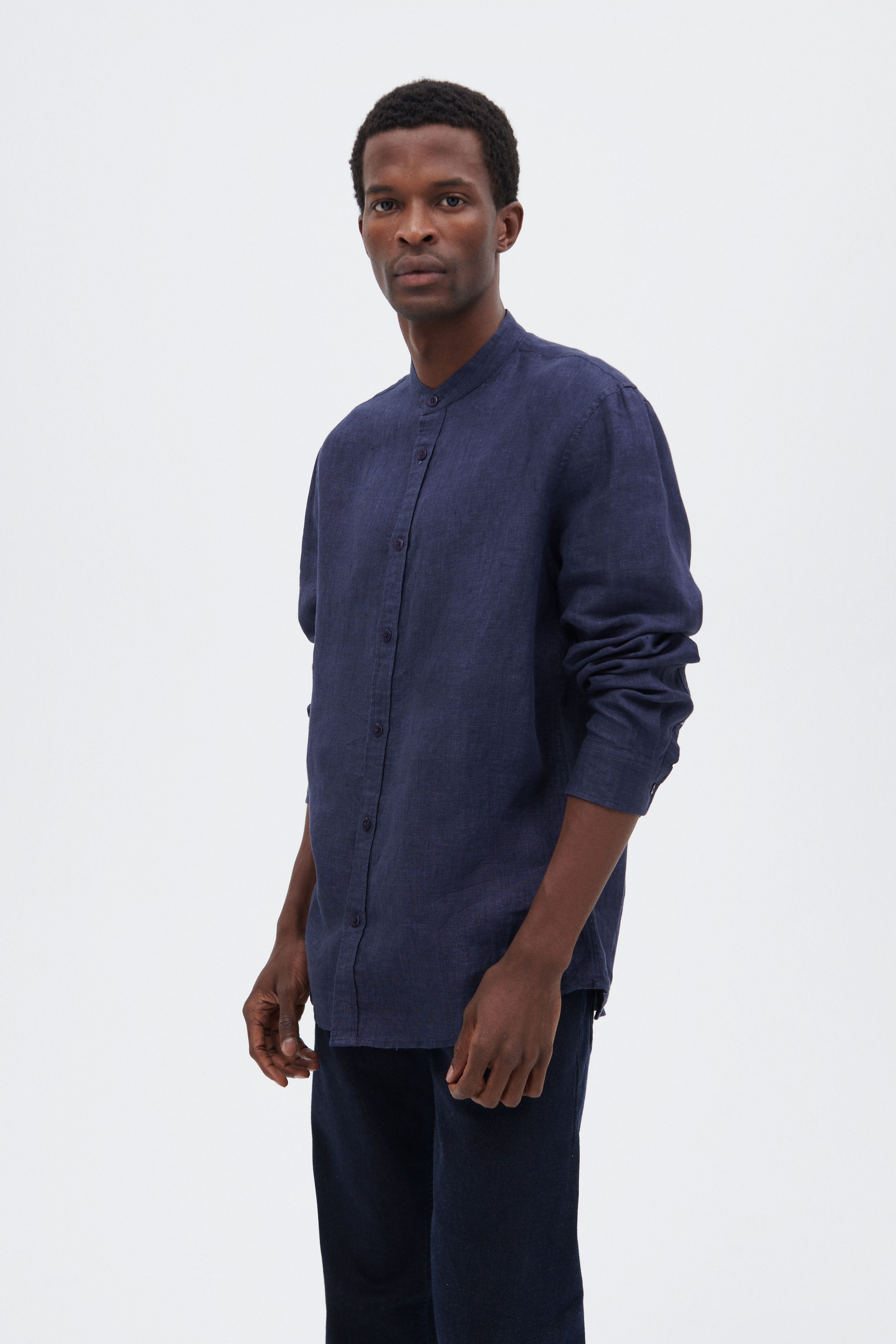 Linen Shirt with Stand-up Collar