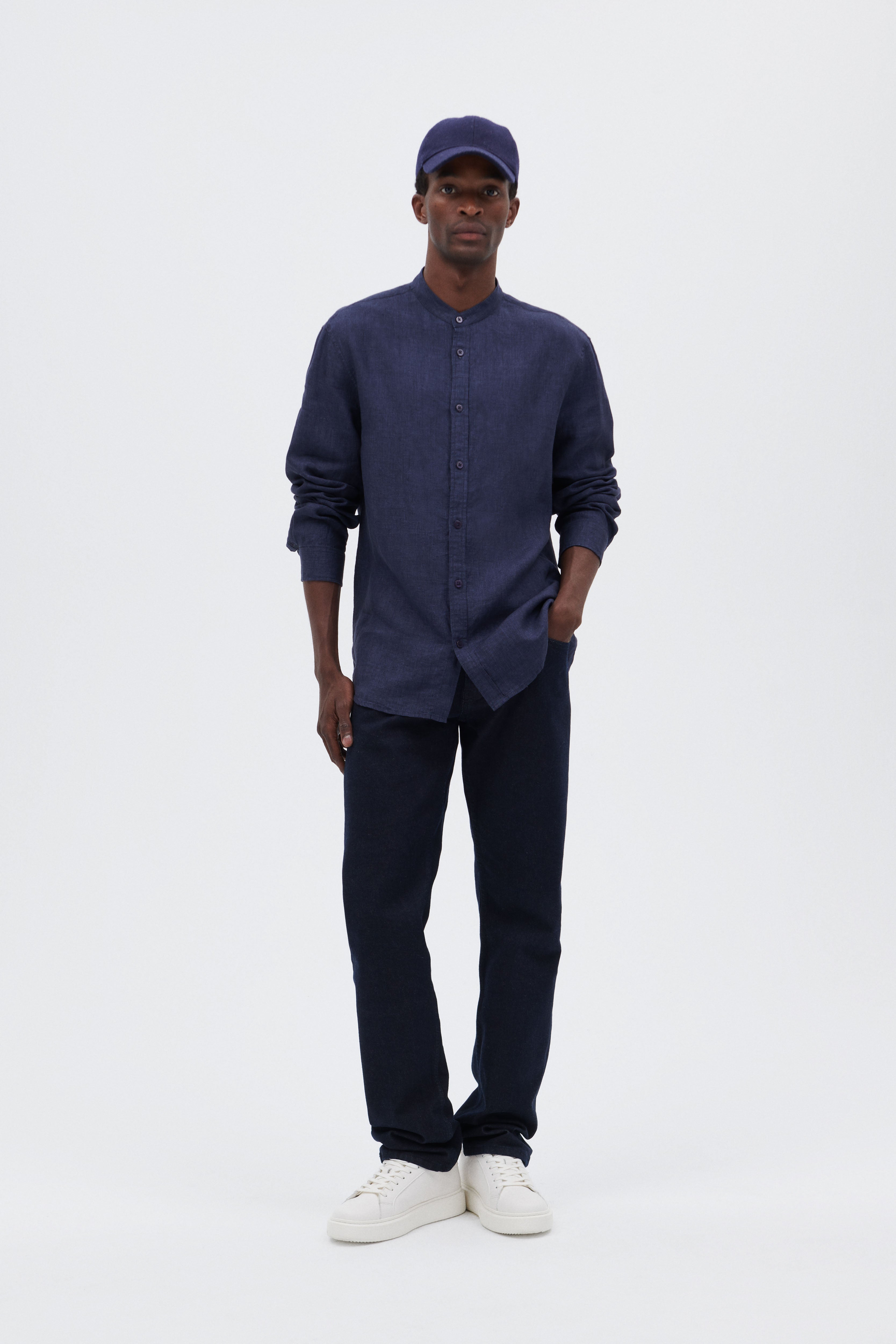 Linen Shirt with Stand-up Collar