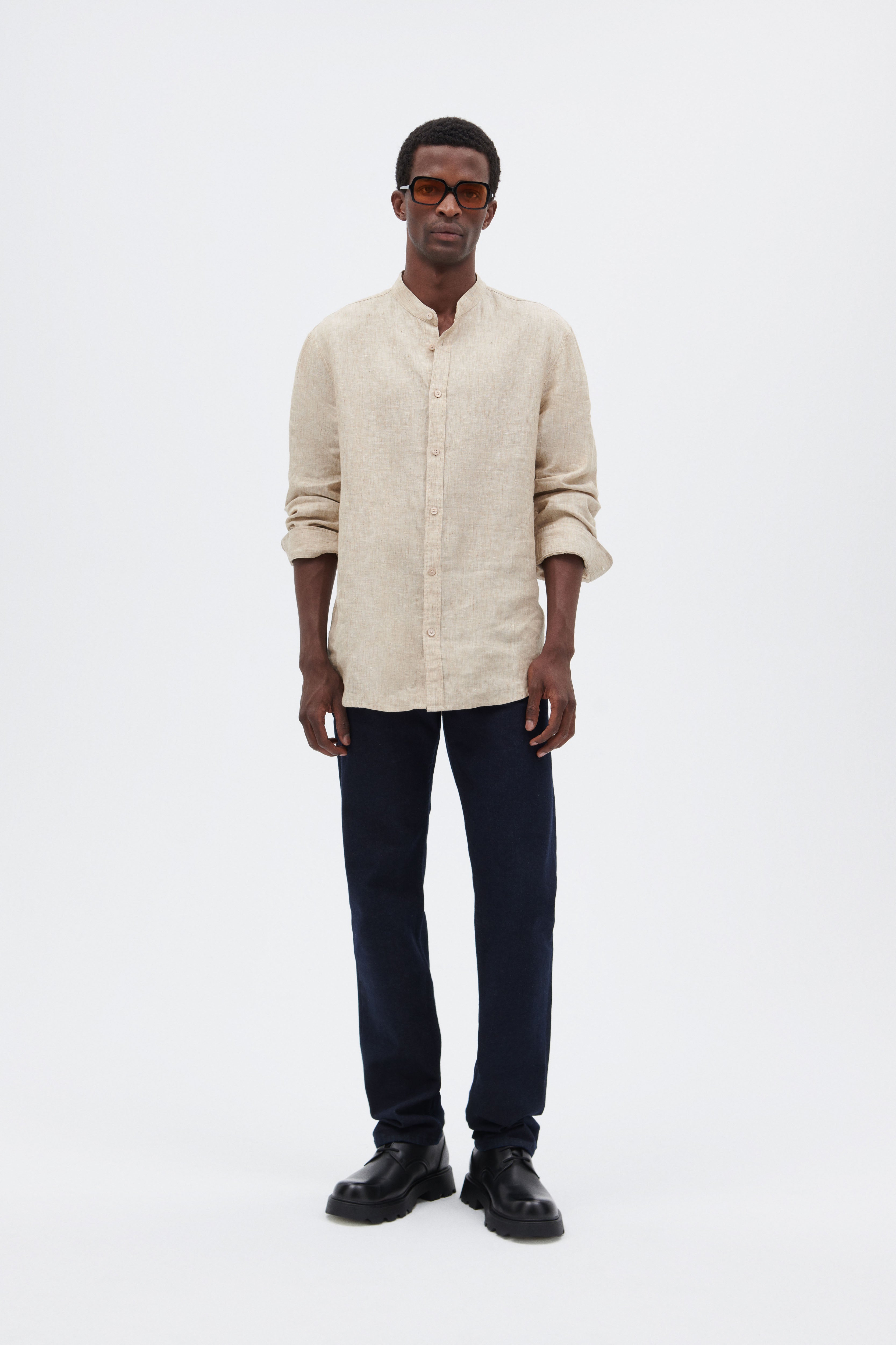 Linen Shirt with Stand-up Collar